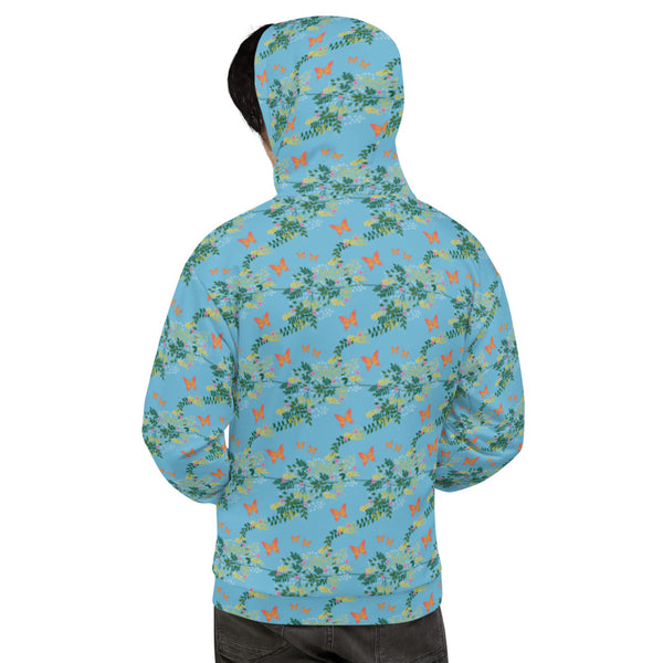 Traditional English Cottagecore patterned design featuring orange butterflies, leaves and flowers on this all-over print unisex hoodie by BillingtonPix