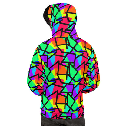 Geometric 80s pattern in multicoloured geometric shapes including red, purple, yellow, green and orange with a corresponding black geometric pattern outline overlay. Featuring a grumpy mint and mauve coloured cupcake with sprinkles on the front of this unisex printed hoodie by BillingtonPix