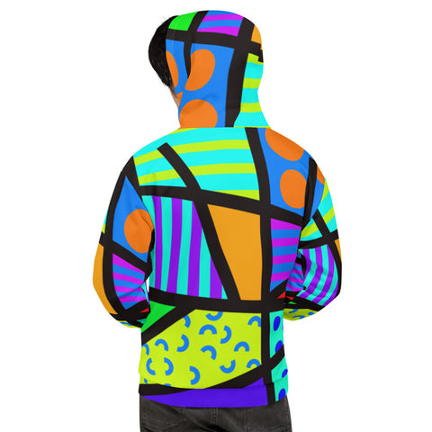 80s Memphis retro style hoodie with bold colours and geometric shapes and a black geometric overlay by BillingtonPix