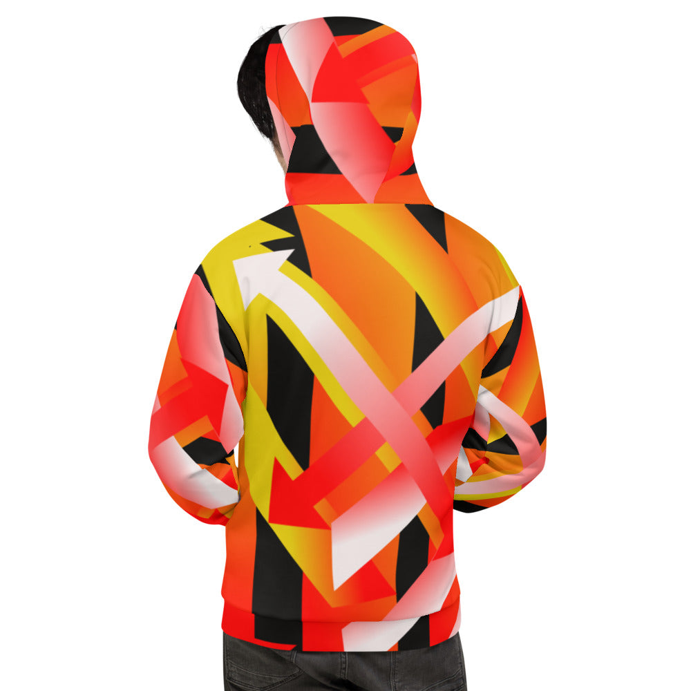 90s retro style geometric patterned hoodie in tones of orange, red, yellow, black and white by BillingtonPix