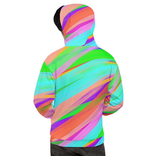 Vibrant and colourful hip hop style design streetwear hoodie in diagonal gouache stripes of turquoise, purple, green, orange, pink and peach by BillingtonPix