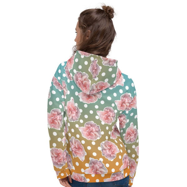 Gorgeous rose and polka dot design hoodie with pink roses and a blue and orange fade background by BillingtonPix