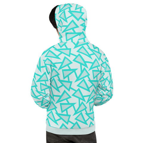80s Memphis style hoodie with geometric triangular pattern in mint, turquoise and pale grey  by BillingtonPix