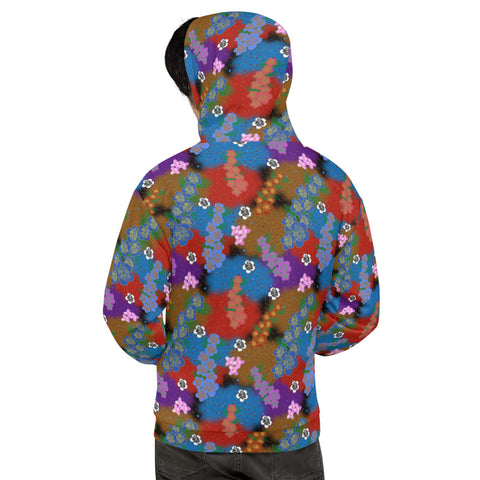 multicoloured floral pattern against fluffy clouds in a retro style 90s design on this patterned unisex hoodie pullover by BillingtonPix
