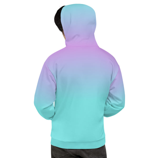 Japanese vaporwave design hoodie top by BillingtonPix, containing gradient turquoise to pink background and geometric shapes and symbols on the front, including vintage sunset and monstera in 80s style graph paper design, grumpy cupcakes, checkboxes including Lo Fi, VHS, Betamax and Brexit options and the Japanese script このたわごとから私を取得します translated as Get me out of this shit. Makes the perfect Otaku fashion.