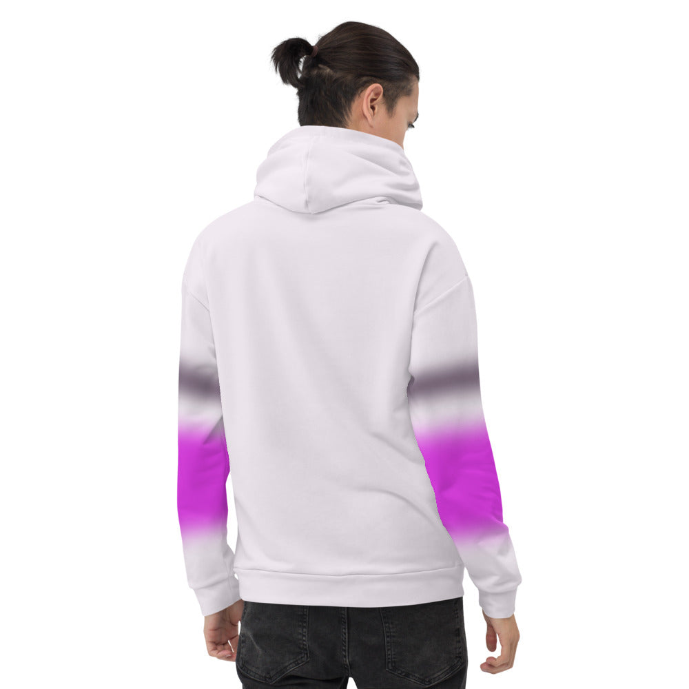 Best vaporwave unisex hoodie design with 80s Memphis aesthetic, vintage sunset, Japanese script, 80s betamax video cassette theme, retrowave aesthetic in a colourful Harajuku style. Two stripes of black and deep pink wrap around the arms in a blurred effect on this awesome hoodie pullover by BillingtonPix