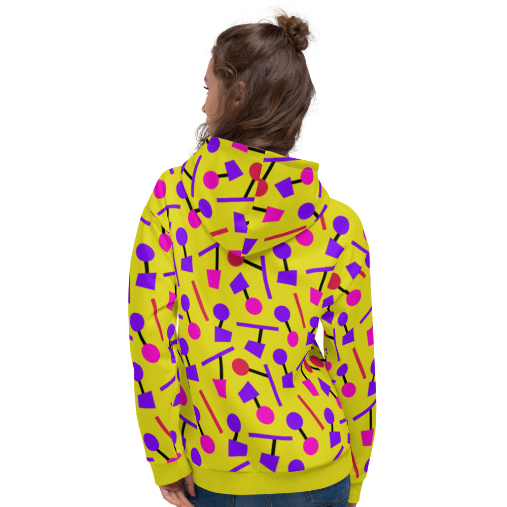 Yellow hoodie pullover in an 80s Memphis style design with purple, pink and black geometric shapes on this hoodie by BillingtonPix