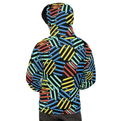Retro style patterned unisex hoodie top in tones of red, blue, yellow and green against a black background on this sweater top by BillingtonPix