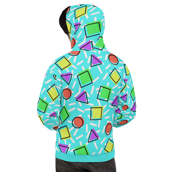 Retro style 80s Memphis design hoodie pullover with colourful rainbow primary colors in geometric shapes squares, circles. triangles with a random white pattern below all over a turquoise blue background on this best athleisure relaxed fit hoodie by BillingtonPix