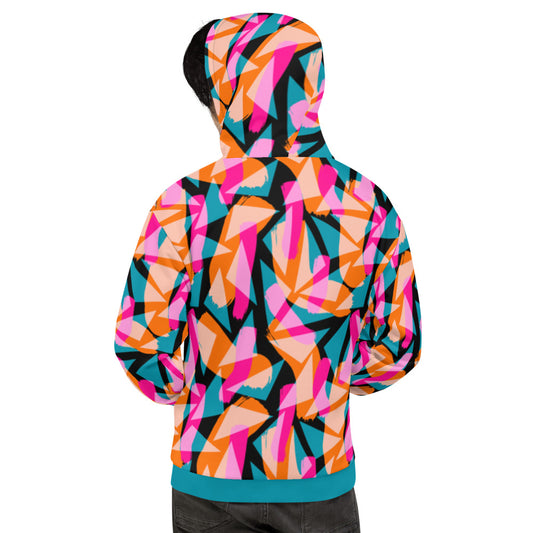 Geometric patterned 90s Memphis design men's hoodie streetwear athleisure streetwear fashion in colorful tones of pink, turquoise green and orange against a black background on this Harajuku design hoodie pullover by BillingtonPix