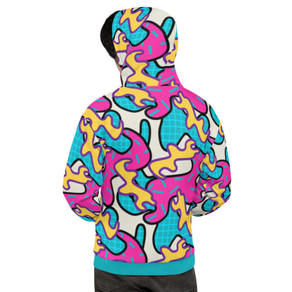 Retro 80s Memphis style unisex hoodie with a curvy pattern of pink, turquoise and yellow shapes and a turquoise trim along the waist and cuffs with turquoise lining inside the hood, by BillingtonPix