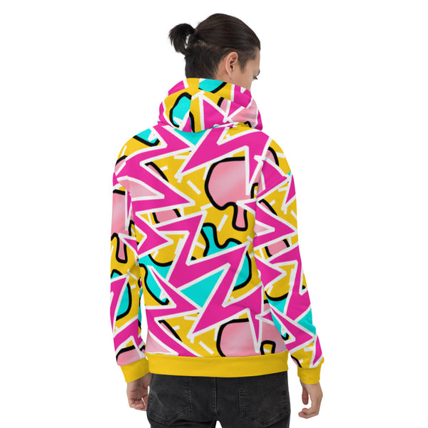 Geometric and abstract pattern in tones of pink, blue and orange on this funky hoodie by BillingtonPix
