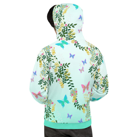 Vaporwave Cottagecore mashup design with a floral and butterfly pattern in rainbow colours against a turquoise blue fade background on this unisex hoodie by BillingtonPix