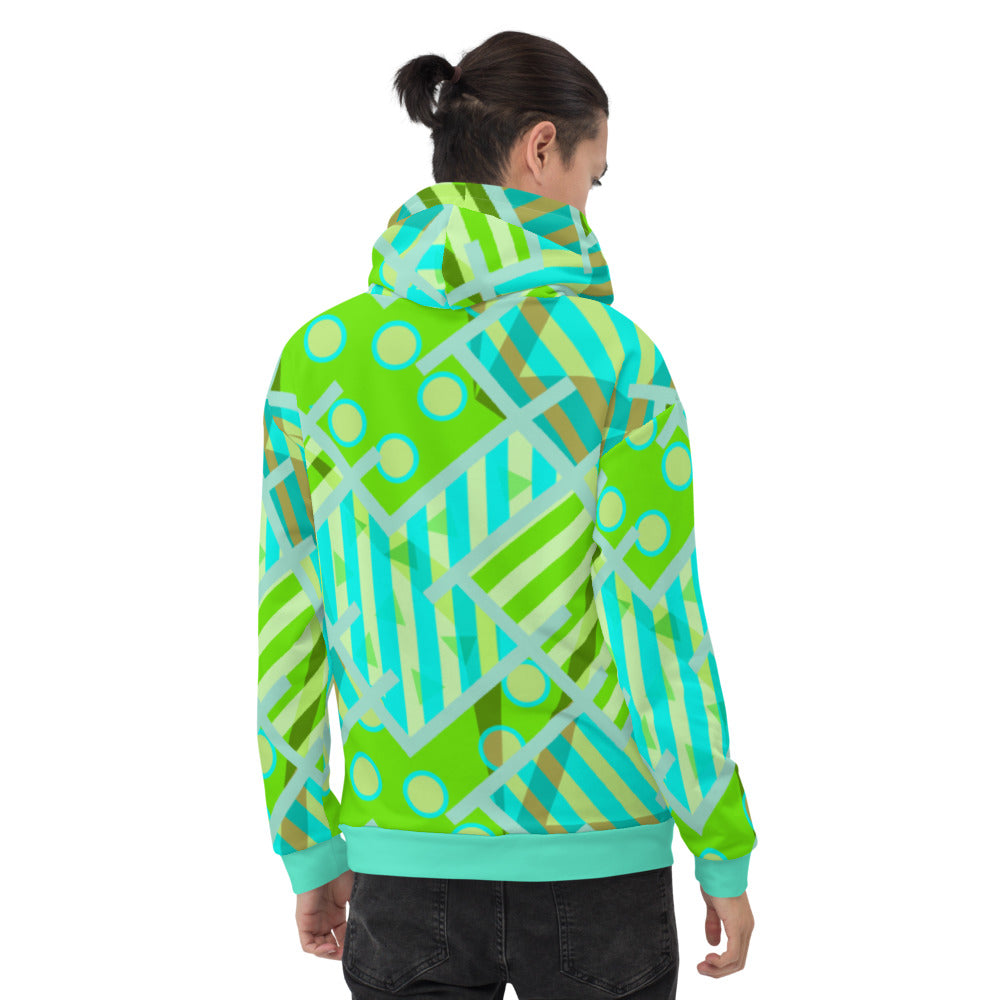 Green and turquoise patterned unisex hoodie with a retro 80s Memphis style design with Harajuku aesthetic. for men and women 