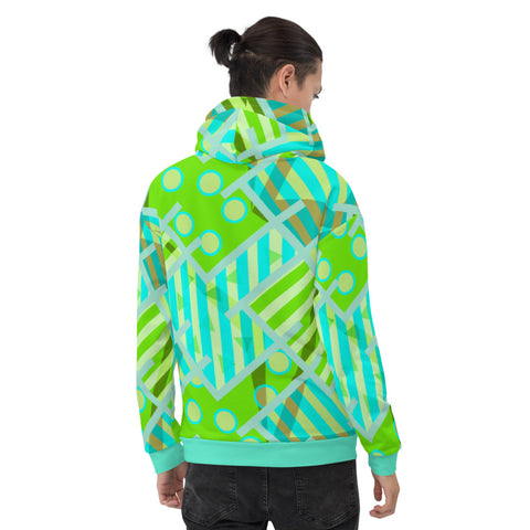 Green and turquoise patterned unisex hoodie with a retro 80s Memphis style design with Harajuku aesthetic. for men and women 