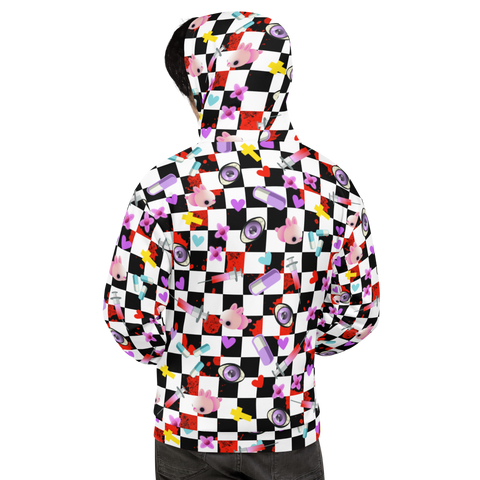 Yami Kawaii Harajuku Anime design unisex hoodie with a black and white chequered background, containing a number of Menhera Kei and Pop Kei references such as kawaii pink mice, yellow crosses, pastel goth spooky eyes, splatters of blood, hearts and cute looking pills. This hoodie jumper is something you might want to wear as streetwear festivals or rave fashion. Design by BillingtonPix