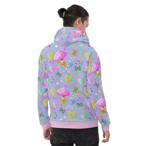 Fairy Kei Harajuku and Yume Kawaii Japanese streetwear style hoodie. With a chequered design in baby blue and pink with an overlay of mean love hearts and Japanese words and phrases this hoodie fashion brings out the Yami Kawaii and Menhera Kei hurt and sorrow emotions.