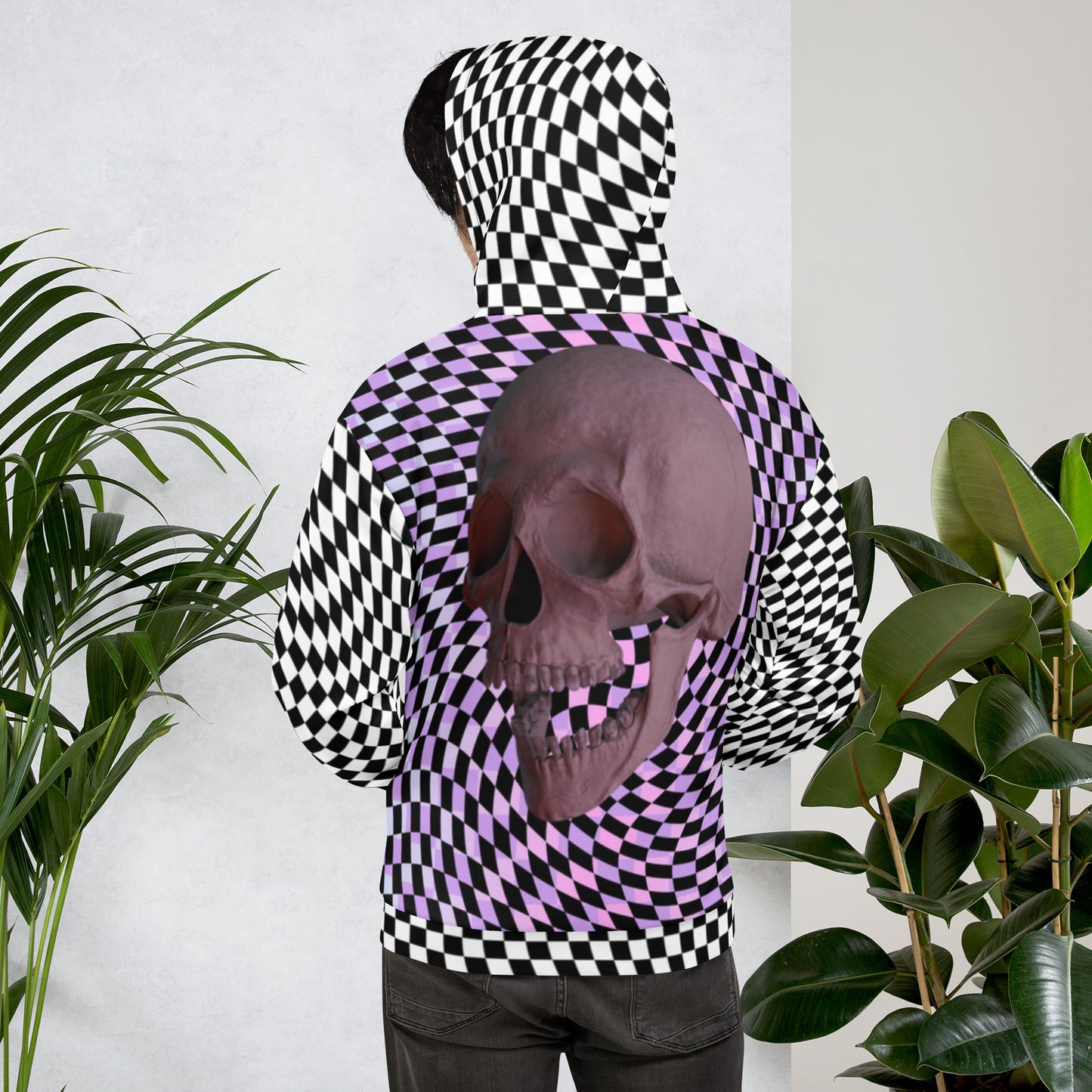 Unisex Kapuzenpullover, Glitch Karierter Totenkopf