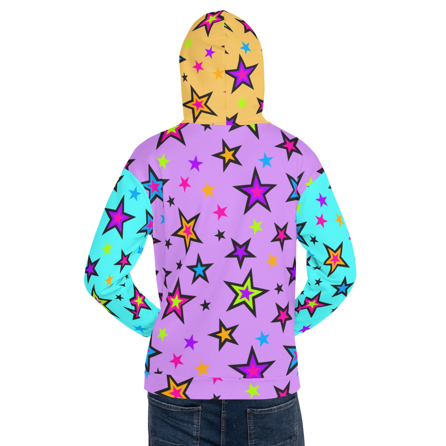 Festival Color Block Hoodie Kawaii Stars | EDC Rave Gear Retro 80s EMO Style Clubbing Outfit | Fun Harajuku Pop Kei Streetwear Fashion. Vibrant starry patterned hoodie sweatshirt with blue arms, purple torso, orange hood & lime green kangaroo pocket