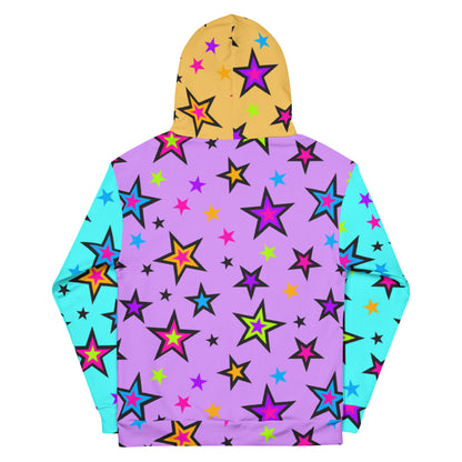 Festival Color Block Hoodie Kawaii Stars | EDC Rave Gear Retro 80s EMO Style Clubbing Outfit | Fun Harajuku Pop Kei Streetwear Fashion. Vibrant starry patterned hoodie sweatshirt with blue arms, purple torso, orange hood & lime green kangaroo pocket