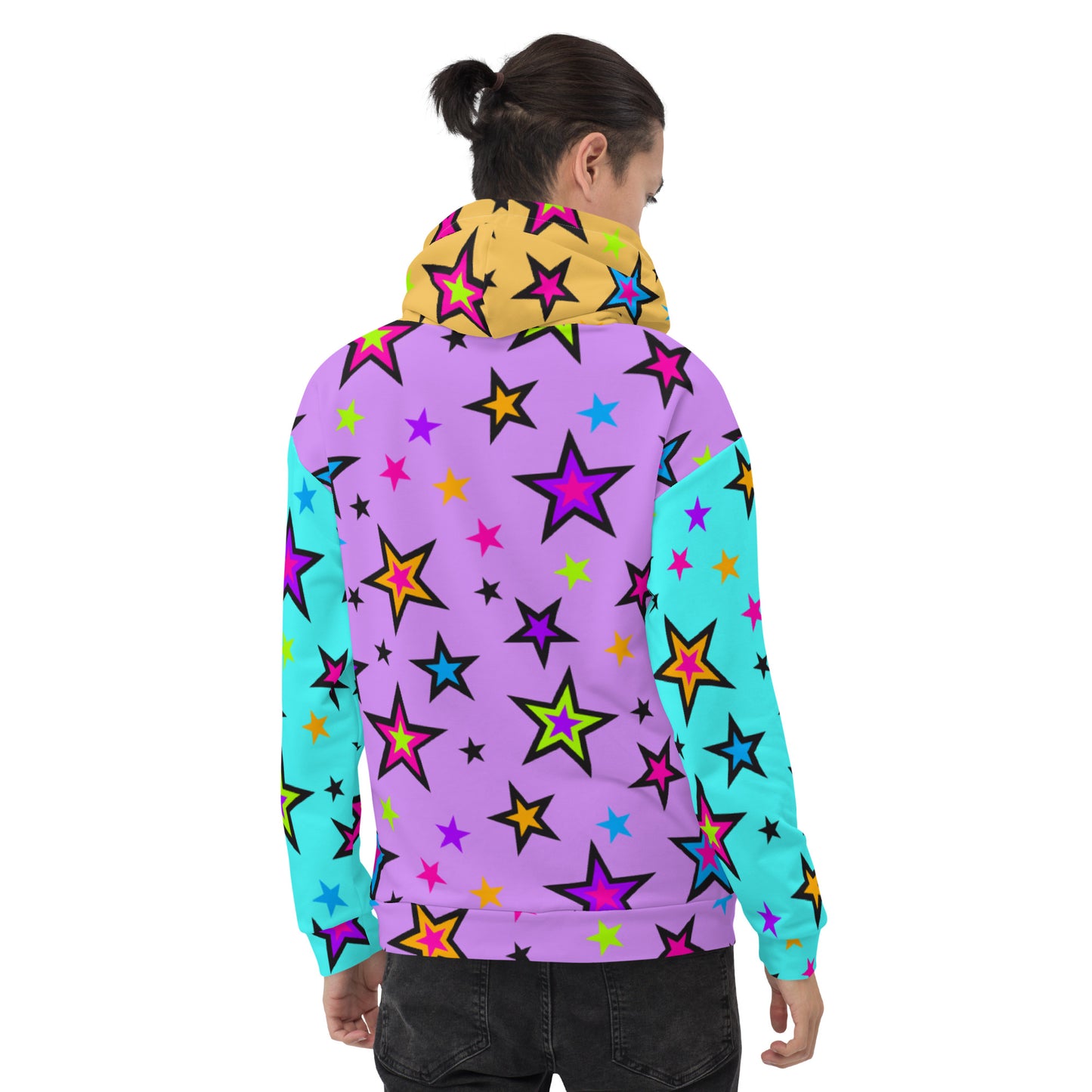 Festival Color Block Hoodie Kawaii Stars | EDC Rave Gear Retro 80s EMO Style Clubbing Outfit | Fun Harajuku Pop Kei Streetwear Fashion. Vibrant starry patterned hoodie sweatshirt with blue arms, purple torso, orange hood & lime green kangaroo pocket