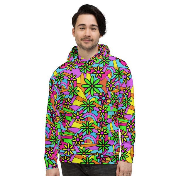 Vivid multicoloured patterned unisex hoodie with a floral and geometric 60s flower power style all-over design