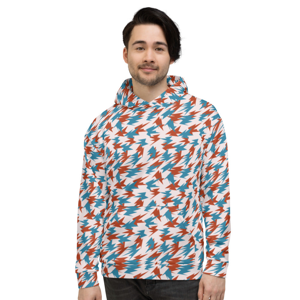 Orange and teal turquoise blue geometric bird-like shapes on a cream background in this 90s retro style unisex hoodie by BillingtonPix
