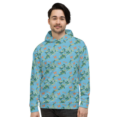 Traditional English Cottagecore patterned design featuring orange butterflies, leaves and flowers on this all-over print unisex hoodie by BillingtonPix