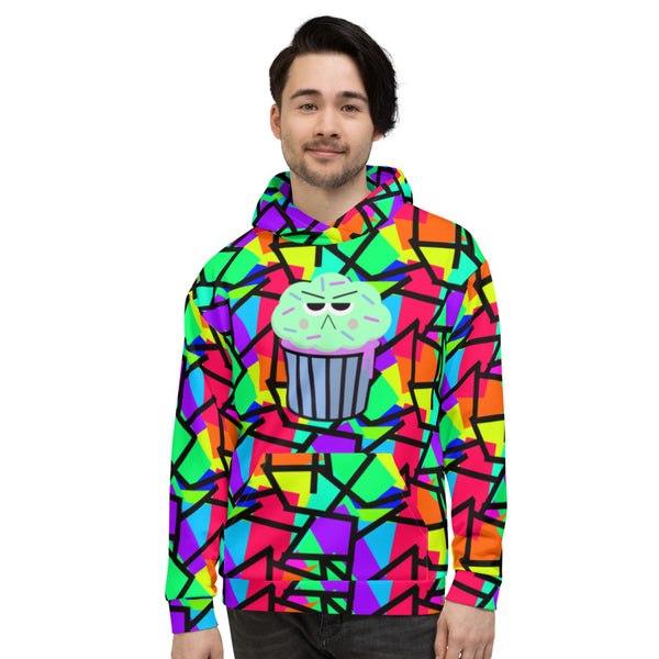 Geometric 80s pattern in multicoloured geometric shapes including red, purple, yellow, green and orange with a corresponding black geometric pattern outline overlay. Featuring a grumpy mint and mauve coloured cupcake with sprinkles on the front of this unisex printed hoodie by BillingtonPix