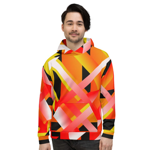 90s retro style geometric patterned hoodie in tones of orange, red, yellow, black and white by BillingtonPix