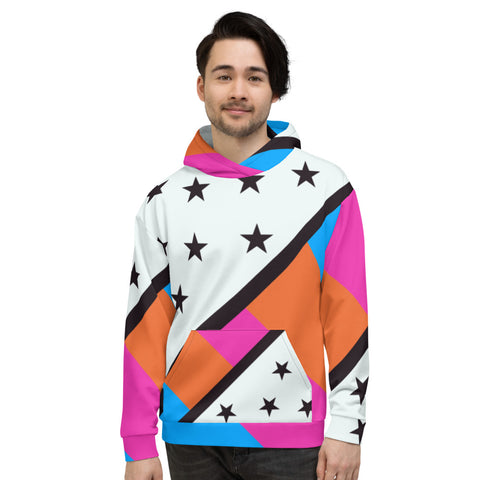 80s Memphis stars and diagonal stripes design in bold colours and shapes including pink, blue, orange, black and white with black stars on this contemporary hoodie by BillingtonPix