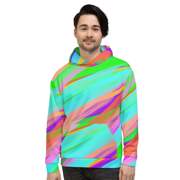 Vibrant and colourful hip hop style design streetwear hoodie in diagonal gouache stripes of turquoise, purple, green, orange, pink and peach by BillingtonPix