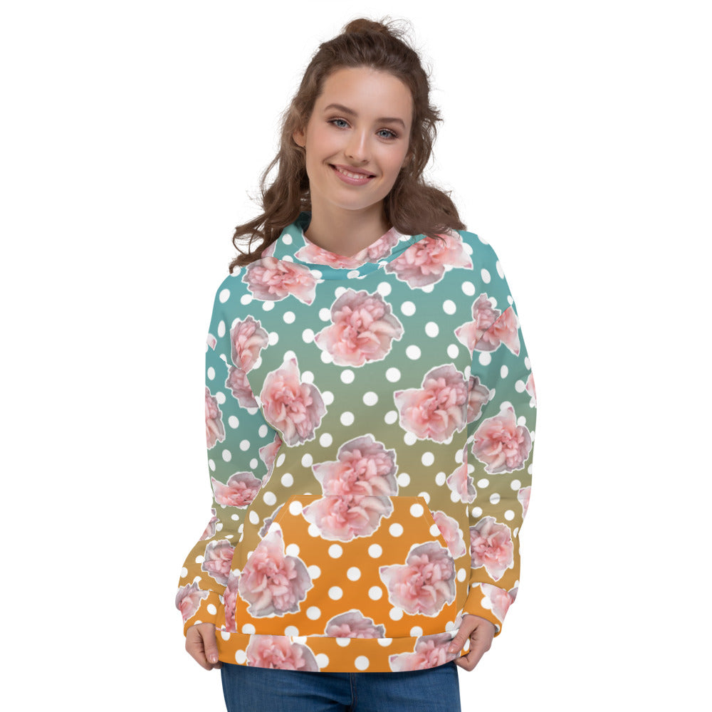 Gorgeous rose and polka dot design hoodie with pink roses and a blue and orange fade background by BillingtonPix