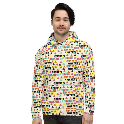 Geometric mid century modern style hoodie pullover by BillingtonPix with geometric triangular and rectangle shapes in an abstract design in tones of yellow, teal, orange, black and white against a warm cream background