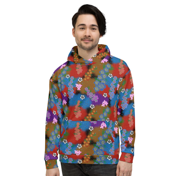 multicoloured floral pattern against fluffy clouds in a retro style 90s design on this patterned unisex hoodie pullover by BillingtonPix