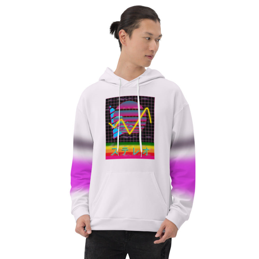 Best vaporwave unisex hoodie design with 80s Memphis aesthetic, vintage sunset, Japanese script, 80s betamax video cassette theme, retrowave aesthetic in a colourful Harajuku style. Two stripes of black and deep pink wrap around the arms in a blurred effect on this awesome hoodie pullover by BillingtonPix