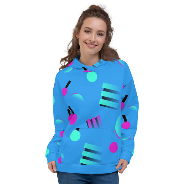 Colourful blue hoodie with an 80s Memphis and 90s Vaporwave inspired geometric pattern, consisting of large circular and square shapes in pink and mint against a blue background on this hoodie pullover by BillingtonPix