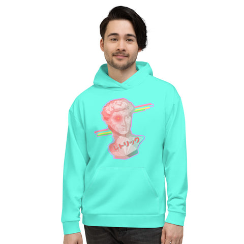 Retrowave design hoodie pullover in a 90s Dreamwave style featuring Michelangelo's David containing a grid format overlay and a gradient pastel tone from pink to blue. In the background, behind the statue bust, are some 90s disco stripes and at the base is the Japanese word レトリック or Rhetoric. The bust contains a turquoise blue glitch which protrudes from the left hand side. Surrounding the entire composition is a pastel pink outline on this turquoise pastel aesthetic hoodie top by BillingtonPix