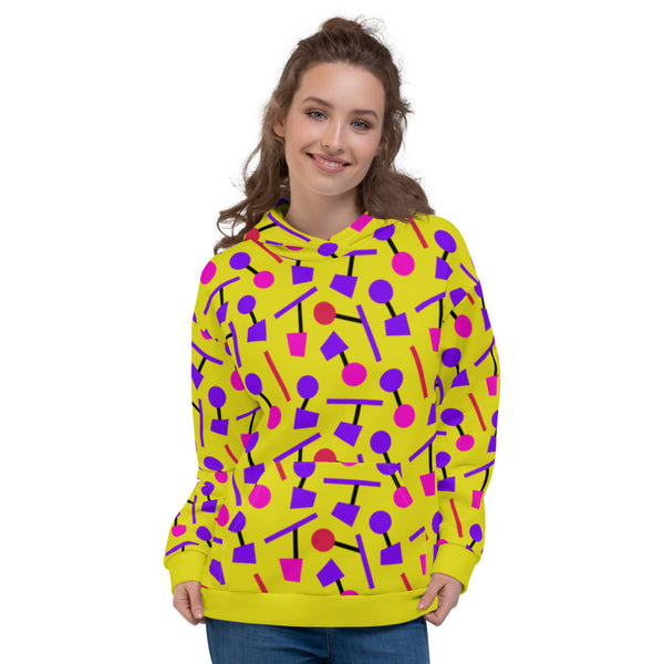 Yellow hoodie pullover in an 80s Memphis style design with purple, pink and black geometric shapes on this hoodie by BillingtonPix