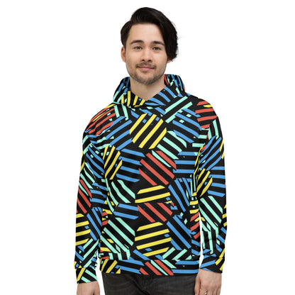 Retro style patterned unisex hoodie top in tones of red, blue, yellow and green against a black background on this sweater top by BillingtonPix