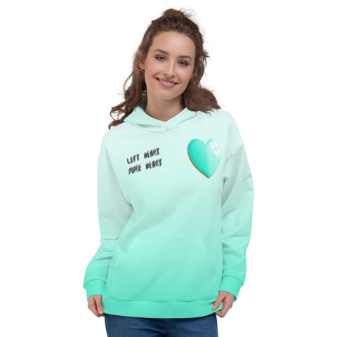 Mint green fade effect unisex hoodie with a shiny green heart and the slogan Left Heart Pure Heart in glitch effect on this Harajuku political hoodie top by BillingtonPix
