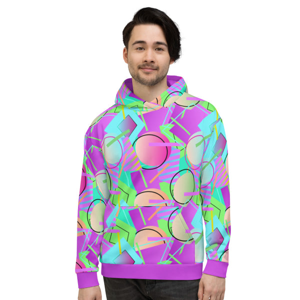 80s Memphis design unisex hoodie athleisure top in a vibrant geometric all-over pattern of circles, squares and stripes in tones of blue, magenta purple, orange and green by BillingtonPix