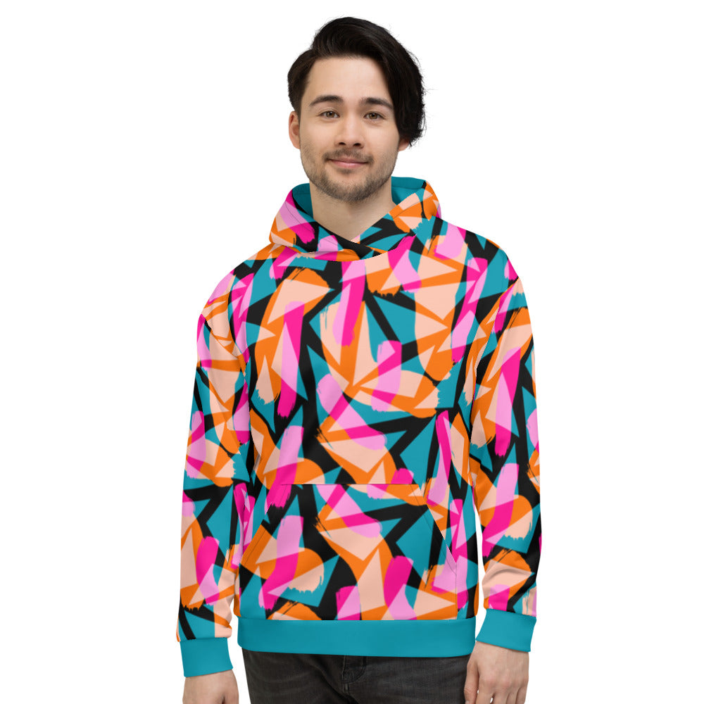 Geometric patterned 90s Memphis design men's hoodie streetwear athleisure streetwear fashion in colorful tones of pink, turquoise green and orange against a black background on this Harajuku design hoodie pullover by BillingtonPix