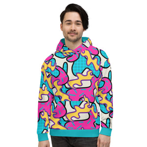 Retro 80s Memphis style unisex hoodie with a curvy pattern of pink, turquoise and yellow shapes and a turquoise trim along the waist and cuffs with turquoise lining inside the hood, by BillingtonPix