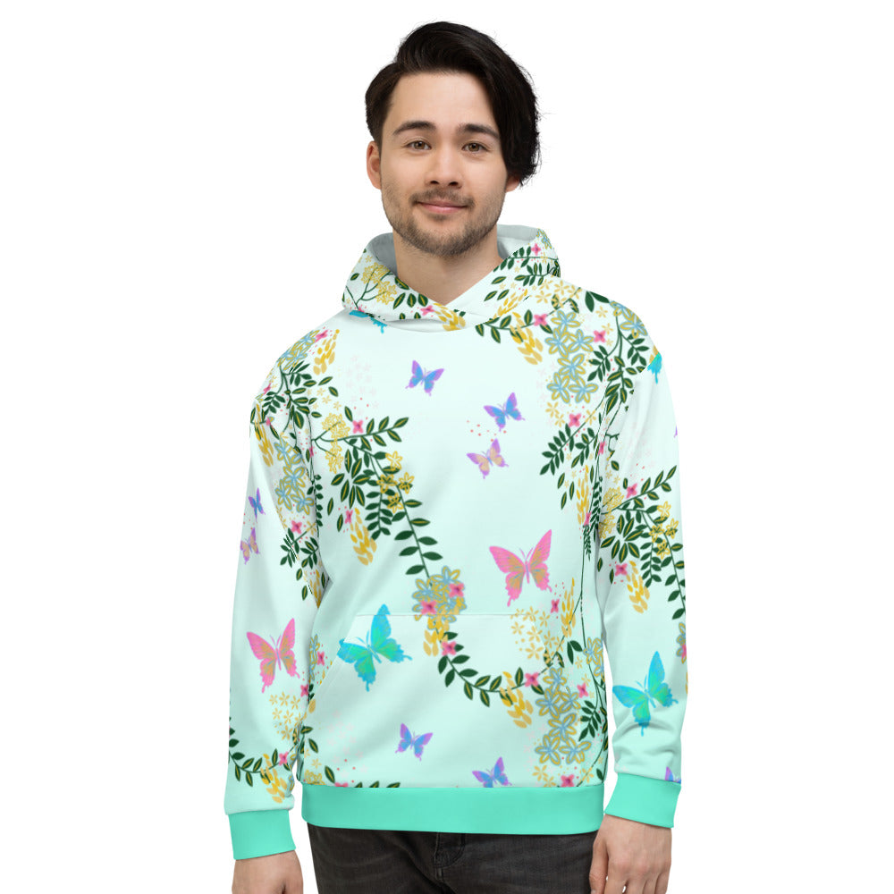 Vaporwave Cottagecore mashup design with a floral and butterfly pattern in rainbow colours against a turquoise blue fade background on this unisex hoodie by BillingtonPix