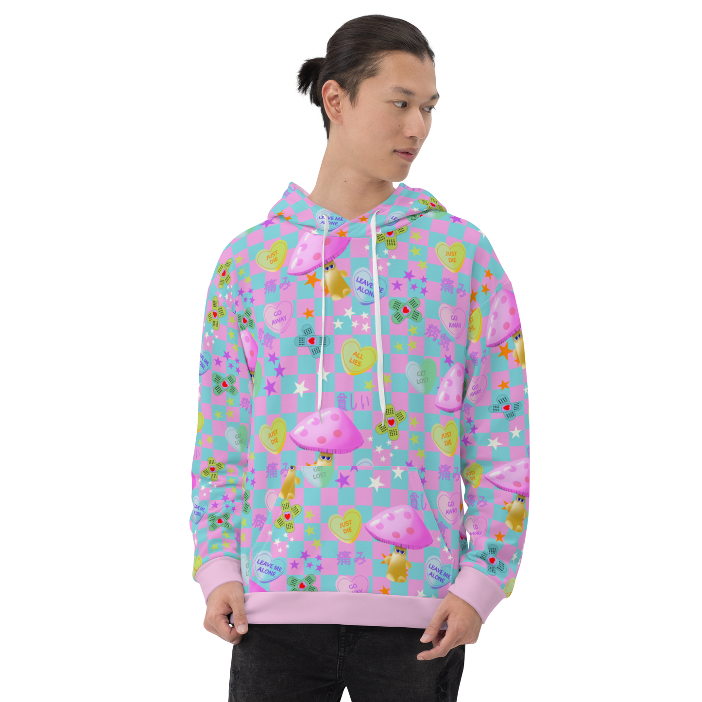 Fairy Kei Harajuku and Yume Kawaii Japanese streetwear style hoodie. With a chequered design in baby blue and pink with an overlay of mean love hearts and Japanese words and phrases this hoodie fashion brings out the Yami Kawaii and Menhera Kei hurt and sorrow emotions.