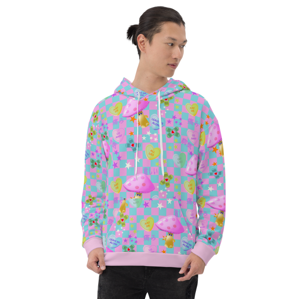 Fairy Kei Harajuku and Yume Kawaii Japanese streetwear style hoodie. With a chequered design in baby blue and pink with an overlay of mean love hearts and Japanese words and phrases this hoodie fashion brings out the Yami Kawaii and Menhera Kei hurt and sorrow emotions.