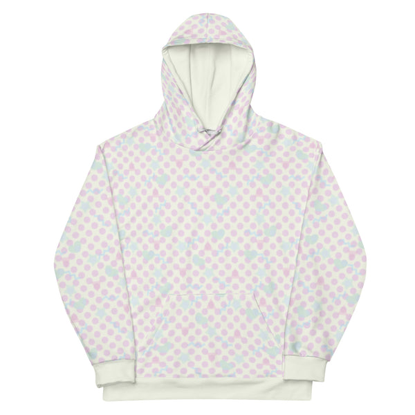 Fairy Kei patterned hoodie in a soft pastel Harajuku style. Danish pastel confetti shapes and polka dots against a cream background. 