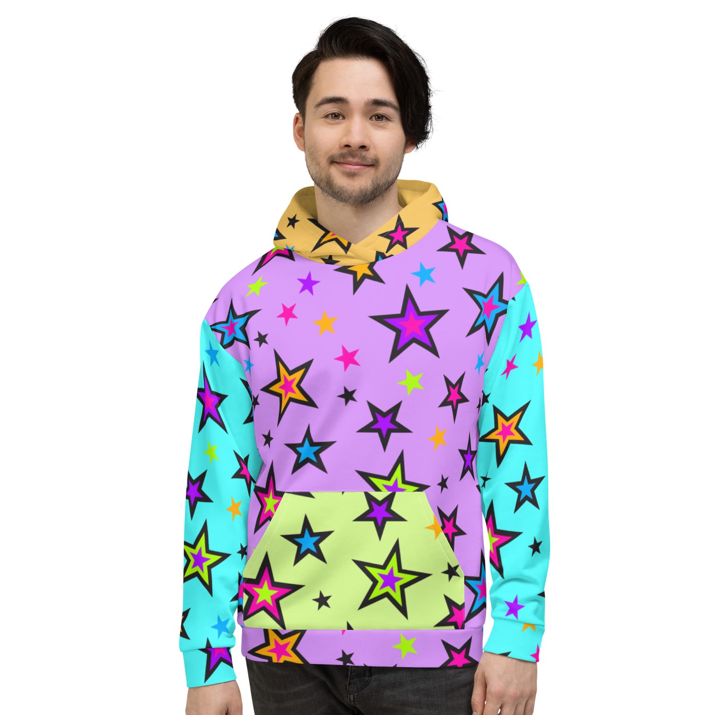 Festival Color Block Hoodie Kawaii Stars | EDC Rave Gear Retro 80s EMO Style Clubbing Outfit | Fun Harajuku Pop Kei Streetwear Fashion. Vibrant starry patterned hoodie sweatshirt with blue arms, purple torso, orange hood & lime green kangaroo pocket