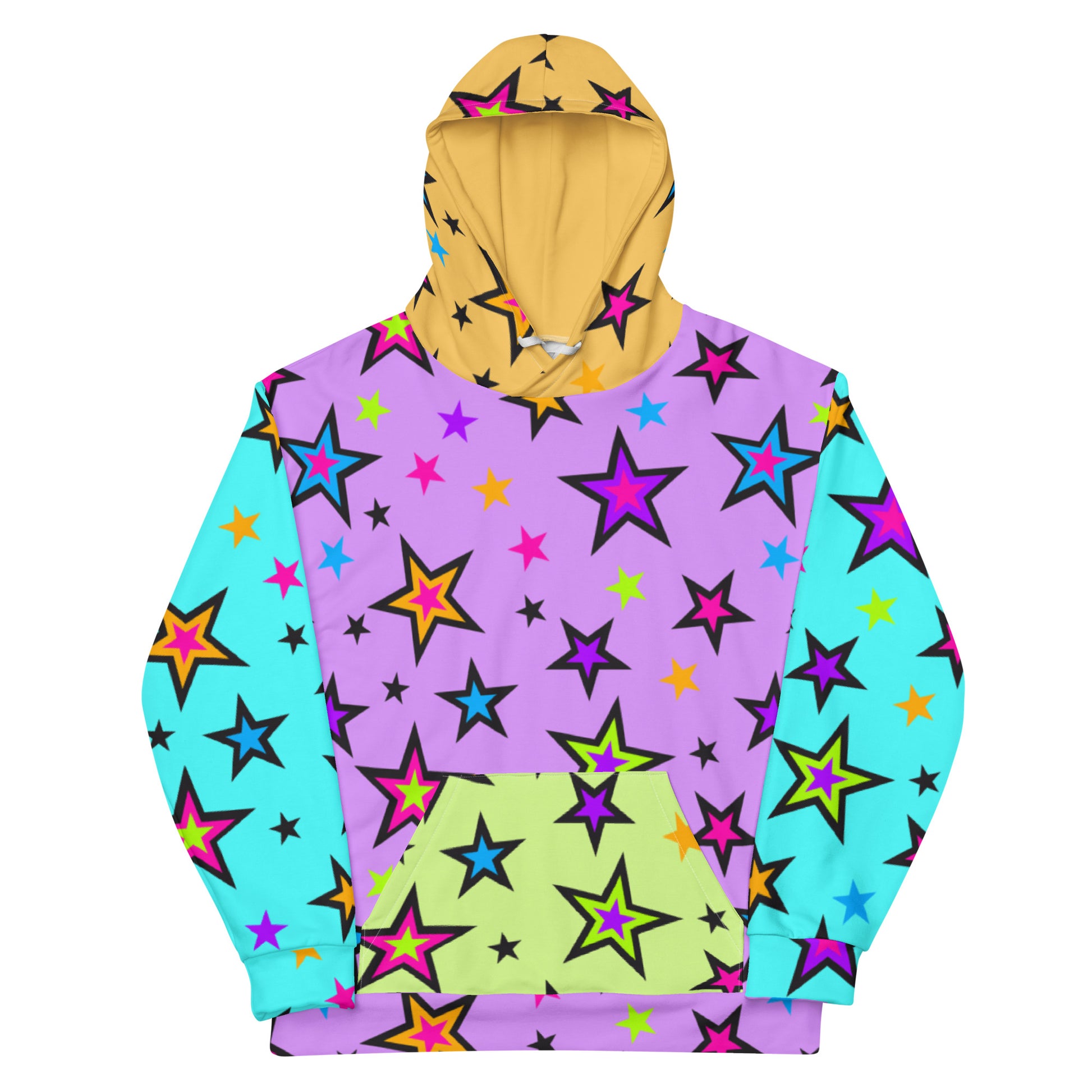 Festival Color Block Hoodie Kawaii Stars | EDC Rave Gear Retro 80s EMO Style Clubbing Outfit | Fun Harajuku Pop Kei Streetwear Fashion. Vibrant starry patterned hoodie sweatshirt with blue arms, purple torso, orange hood & lime green kangaroo pocket